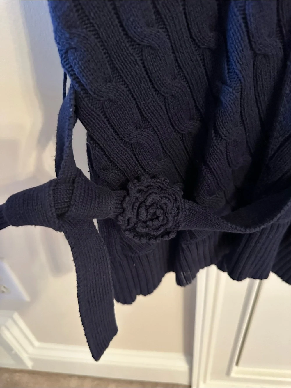Ralph Lauren Navy Cable-Knit V-Neck Belted Kids Dress